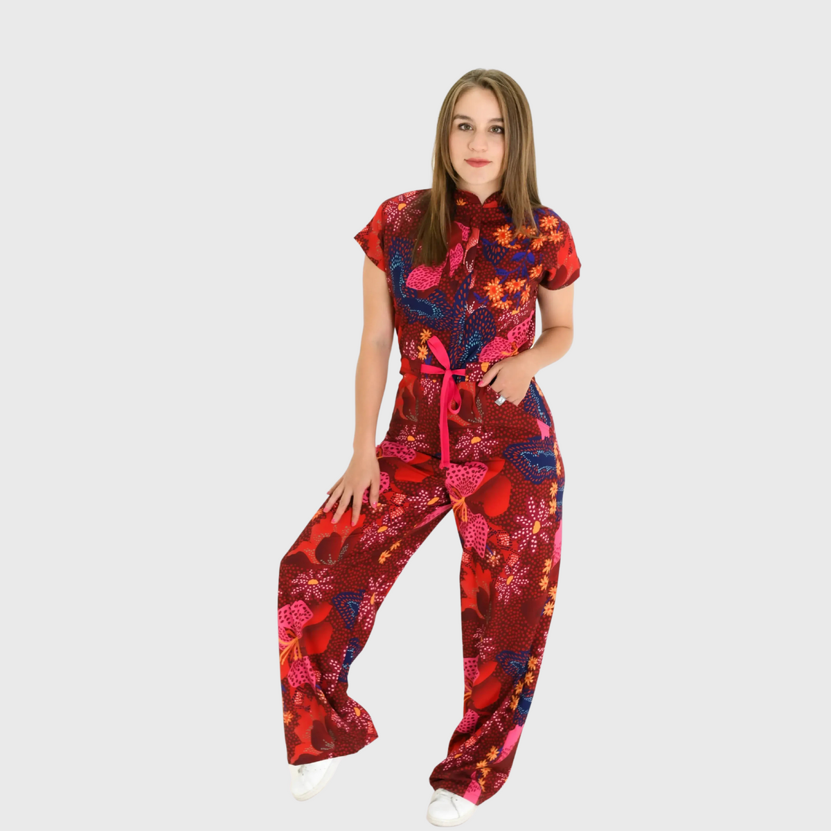 Women's Loose Fit Wide Leg Blossom Print Scrub Jumpsuit