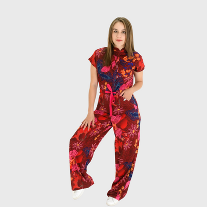 Women's Loose Fit Wide Leg Blossom Print Scrub Jumpsuit