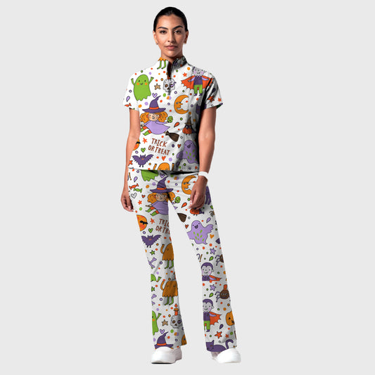 Women's Stand-Up Tie Zipper Halloween Printed Scrub Set ST9127