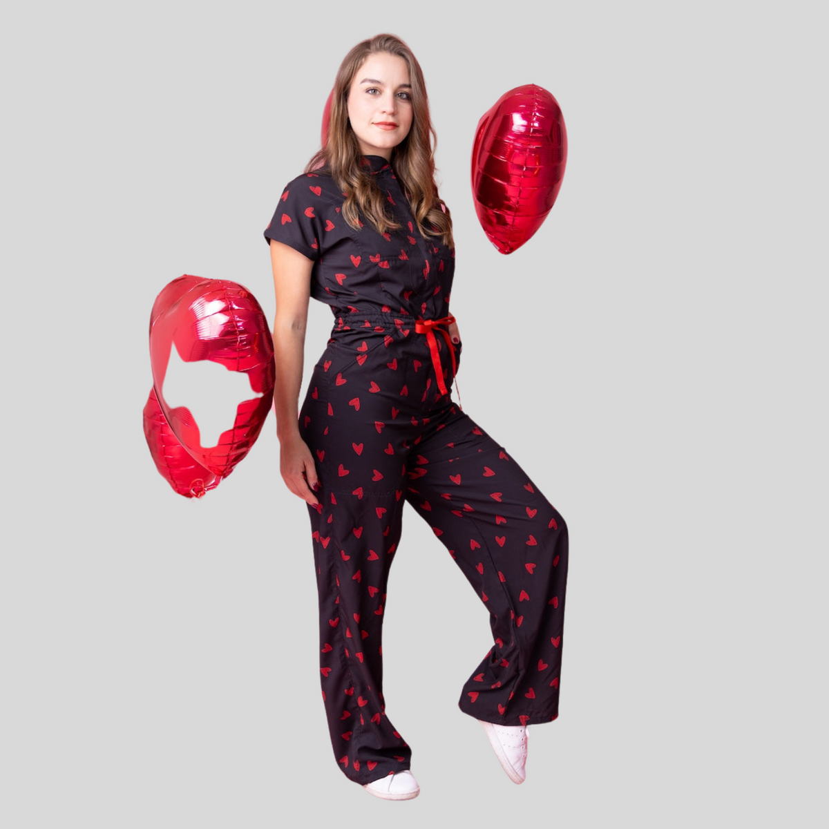 Women's Red Heart Print Flare Leg Scrub Jumpsuit
