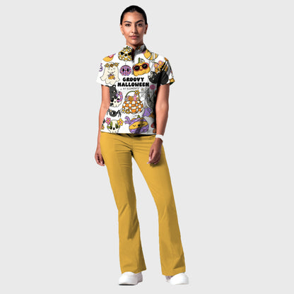 Women's Stand-Up Tie Zipper Halloween Printed Scrub Set ST9123