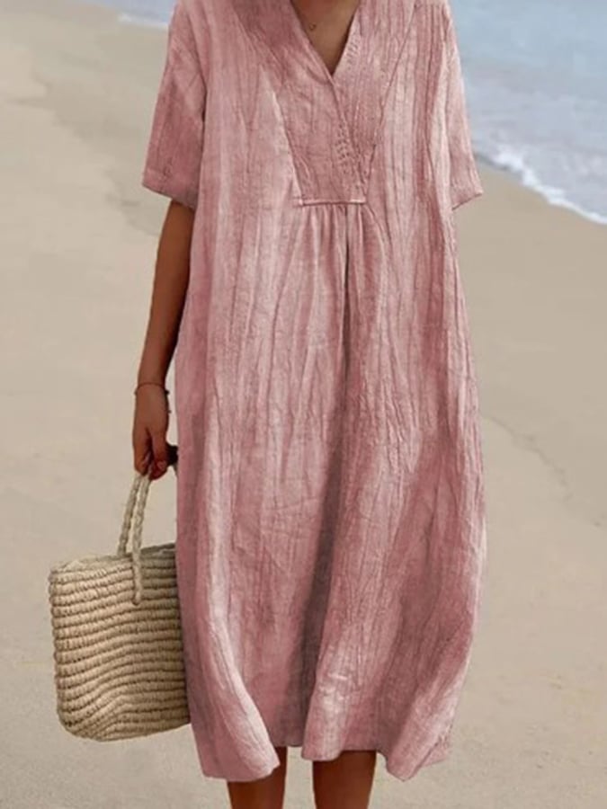 Loose Short Sleeved Solid V-Neck Dress