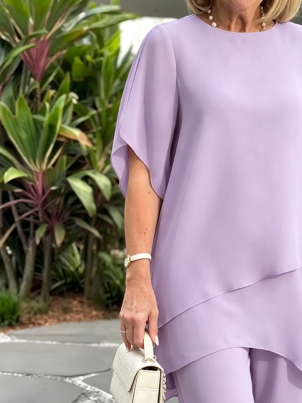 Women's 2 Piece Chiffon Pants Set, Round Neck Sheer Flutter Sleeve Asymmetric Double Layer Tunic Top & Wide Leg Trousers, Elegant Loose Matching Outfit for Wedding Guest Formal Occasions