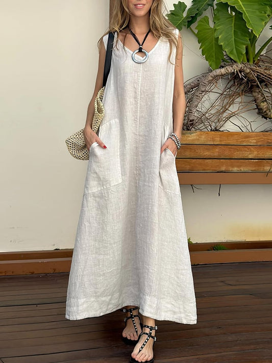 Women'S Casual Solid Color V-Neck Sleeveless Cotton And Linen Dress