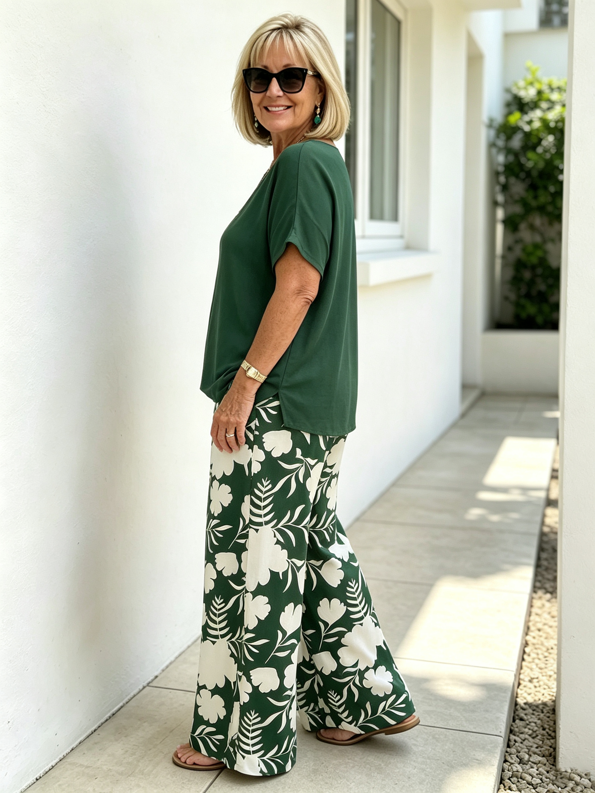 Elegant Two‐Piece Casual Suit for Women, Loose Solid Short Sleeve Top and High Waist Floral Printed Wide Leg Pants, Comfortable Relaxed Fit Co‐Ord Outfit, Fashionable Loungewear for Summer Daily Holiday Occasions