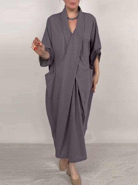 Women'S Casual Large Pocket Crossover V-Neck Cotton And Linen Dress