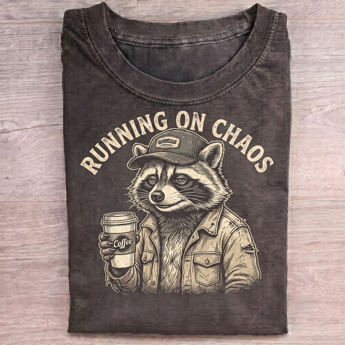Running on Chaos Raccoon Coffee T-shirt