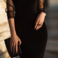 Sheer-Sleeve High-Neck Cocktail Dress