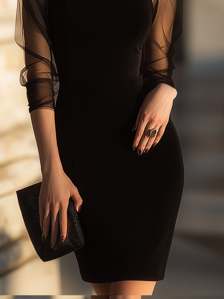 Sheer-Sleeve High-Neck Cocktail Dress