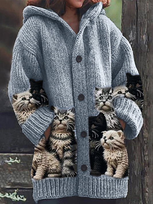 Fuzzy Cats Crochet Art Cozy Knit Hooded Cardigan