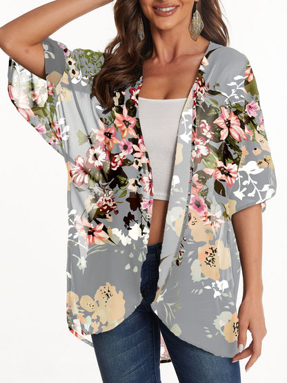 Women's Lightweight Chiffon Kimono Cardigan – Printed Sun Protection Cover-Up for Mature Style