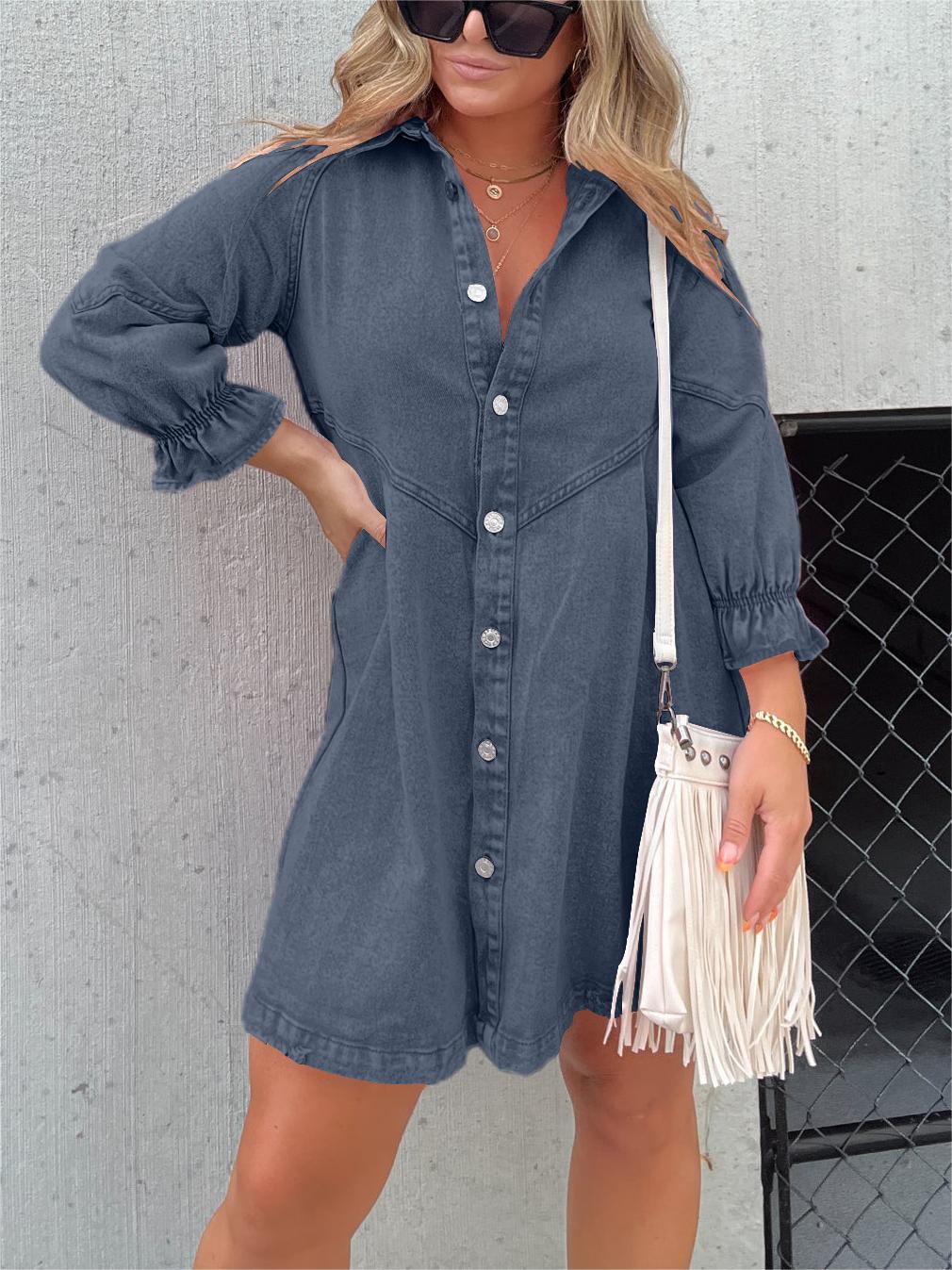 2023 Washed Denim Puff Sleeve Dress (Buy 2 Free Shipping)-Pink Laura