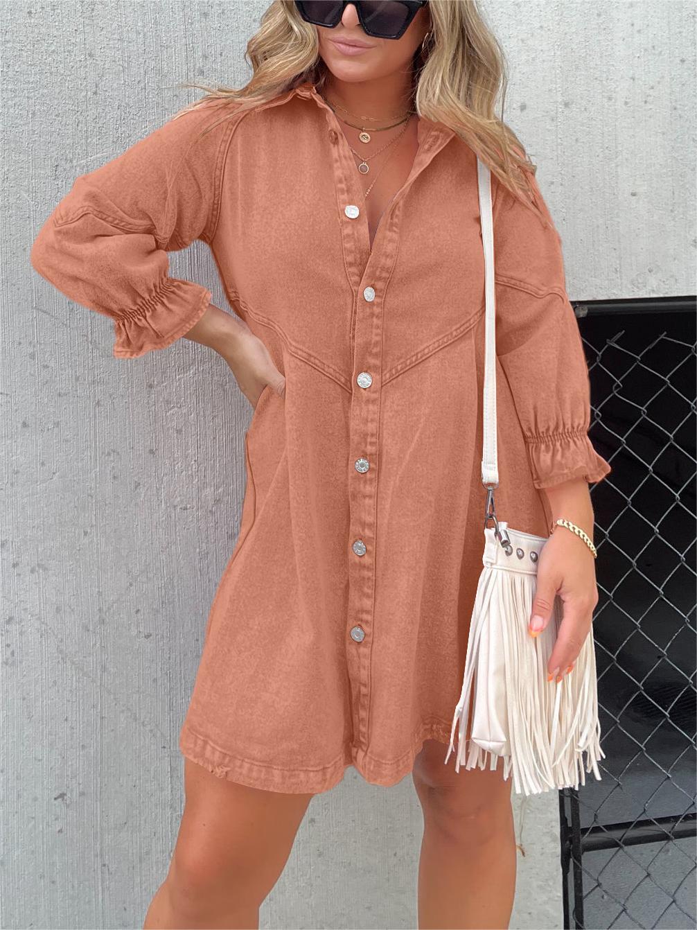 2023 Washed Denim Puff Sleeve Dress (Buy 2 Free Shipping)-Pink Laura