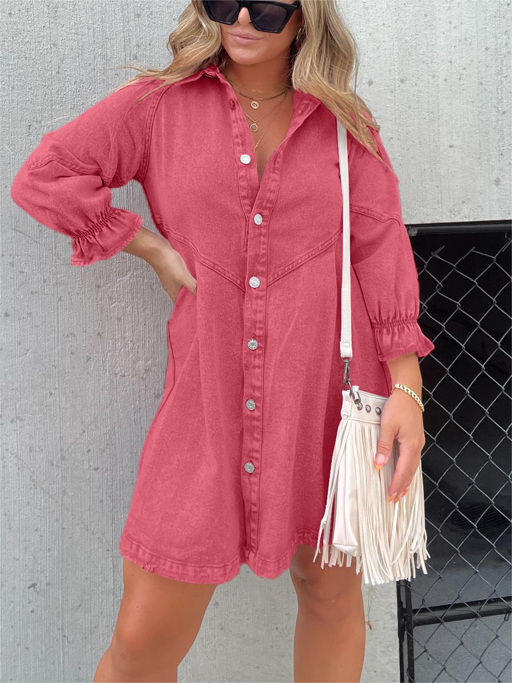 2023 Washed Denim Puff Sleeve Dress (Buy 2 Free Shipping)-Pink Laura