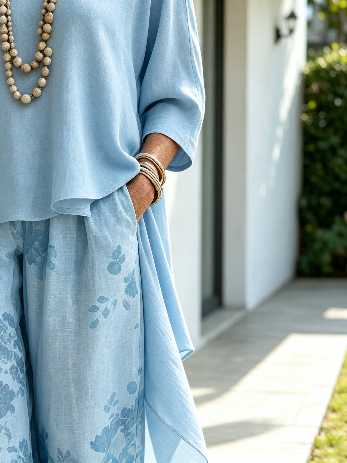 2‐Piece Outfit Set, Solid Color Asymmetrical Draped 3/4 Sleeve Boat Neck Top, Floral Printed High‐Waist Wide‐Leg Pants With Side Pockets, Loose Flow‐y Linen‐blend Fabric, Relaxed Silhouette For Daily Wear, Vacation And Casual Occasions