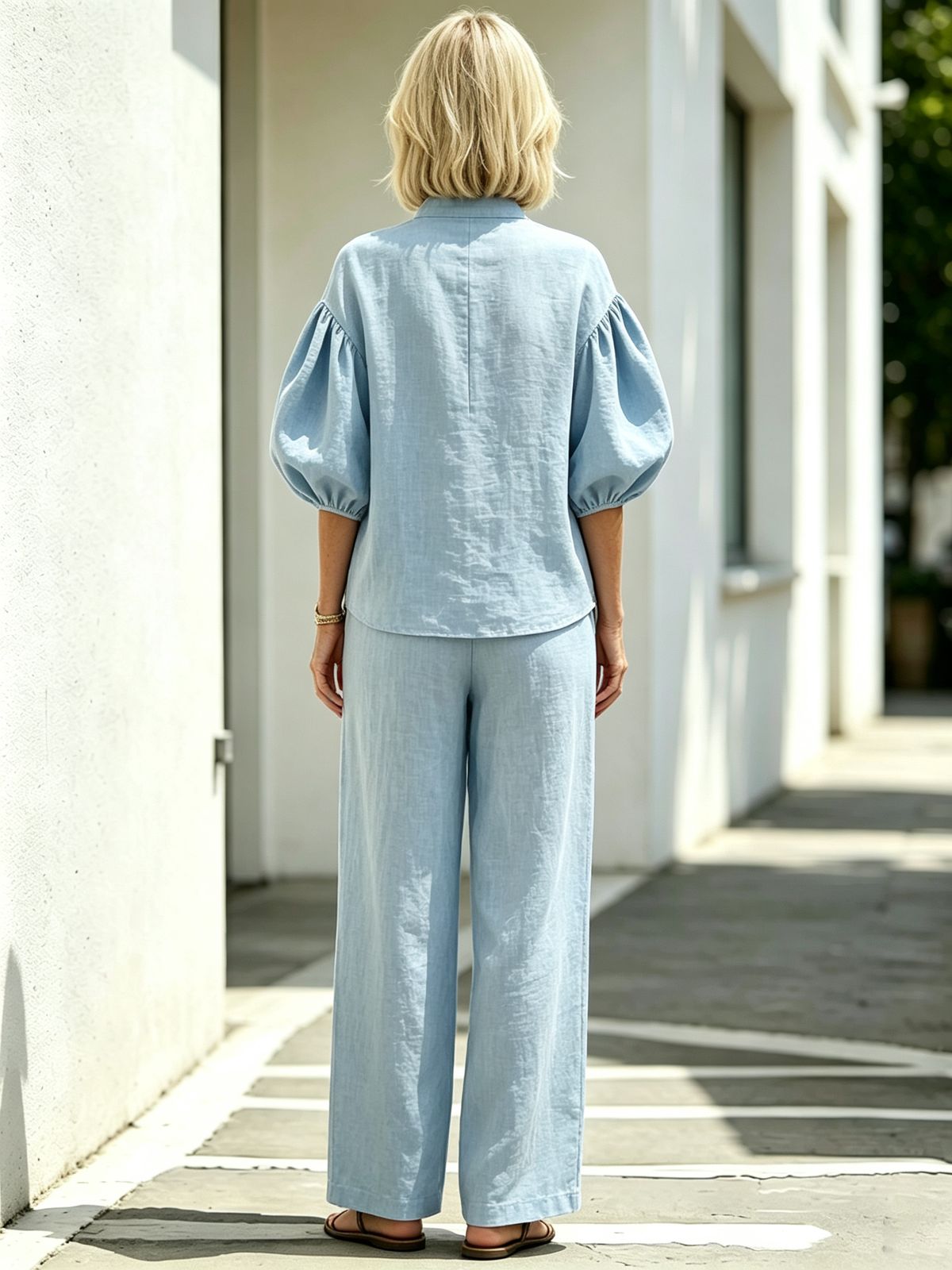 2Pcs Casual Matching Outfit Set, Stand Collar Half Zipper Top, Lantern Puff Sleeve Blouse, Solid Lightweight Textured Fabric, Elastic Drawstring Waist Wide Leg Long Pants, Relaxed Loose Fit Co-Ord Suit for Daily Leisure and Vacation