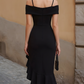 Off-Shoulder Asymmetric Ruffle Hem Midi Dress