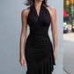Halter Neck Ruched Asymmetrical Ruffle Midi Dress