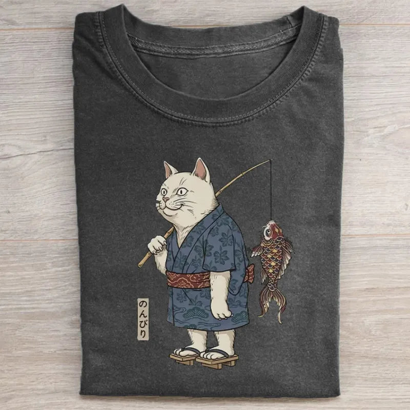 Kimono Cat Fishing Koi Fish T-shirt