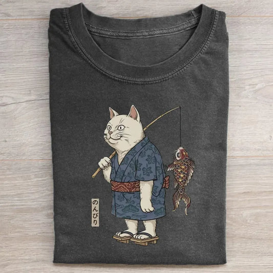 Kimono Cat Fishing Koi Fish T-shirt