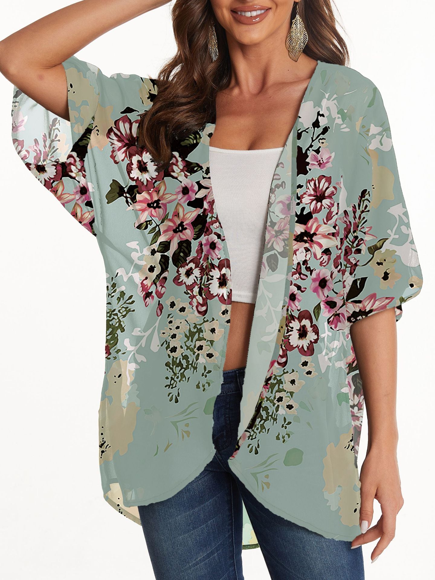 Women's Lightweight Chiffon Kimono Cardigan – Printed Sun Protection Cover-Up for Mature Style