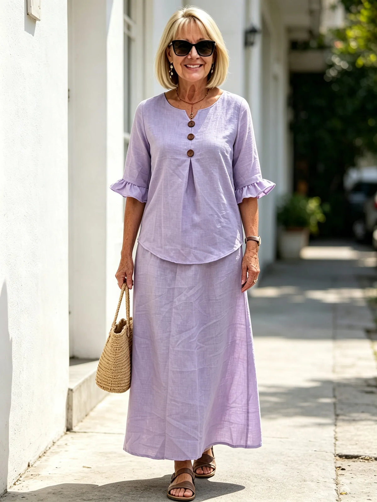 2Pcs Casual Matching Top and Skirt Set, V Neck Button Placket Blouse, Ruffle Edge Seven-quarter Sleeve, Solid Lightweight Linen-like Fabric, Loose A-line Midi Skirt, Relaxed Fit Co-Ord Outfit for Daily Wear and Vacation