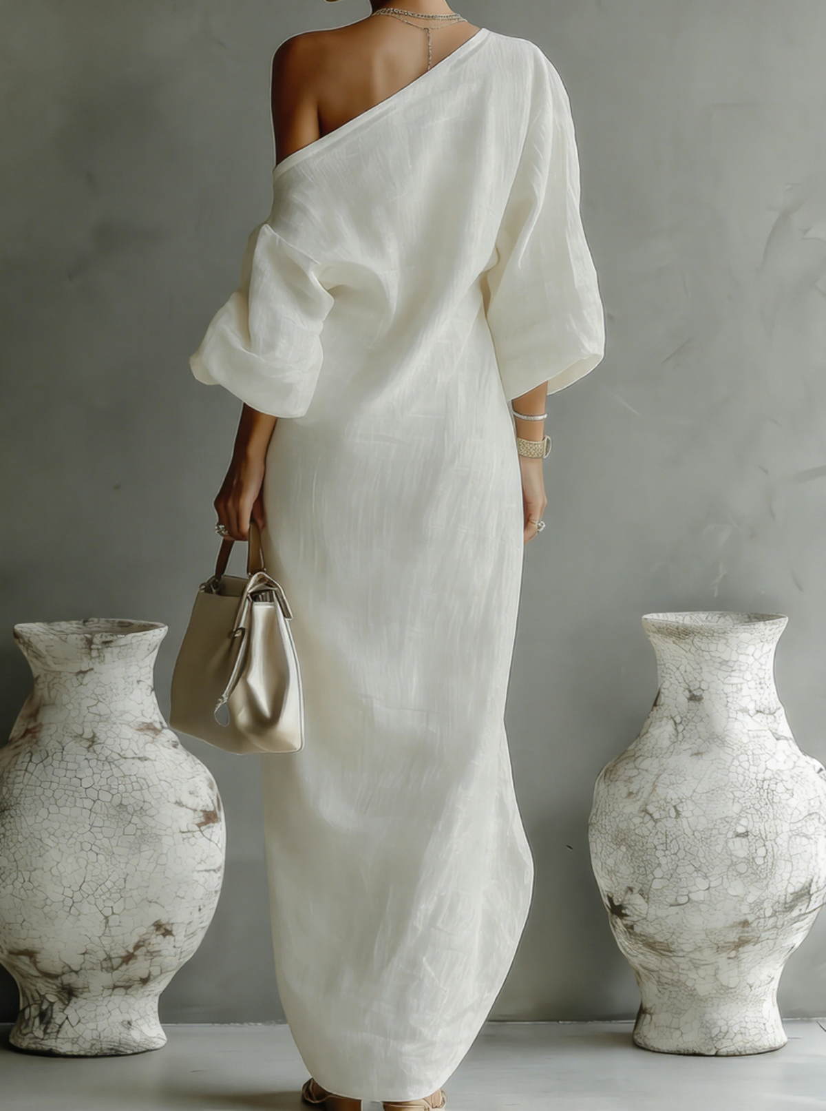 Ivory White One-Shoulder Cotton-Linen Maxi Dress