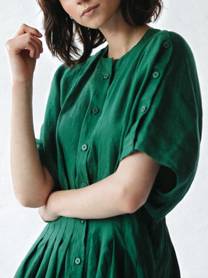 Women's Solid Color Gathered Waist Button Linen Dress
