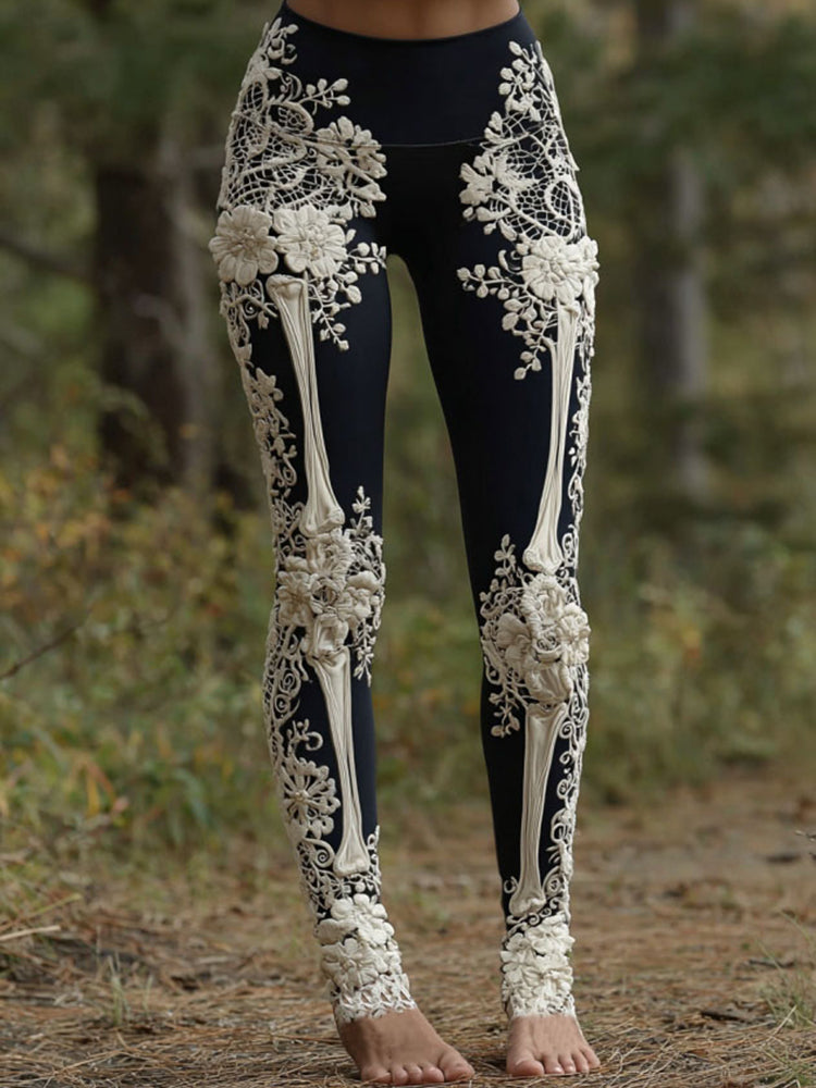 Women's Vintage Halloween Skeleton & Rose Lace Art Leggings