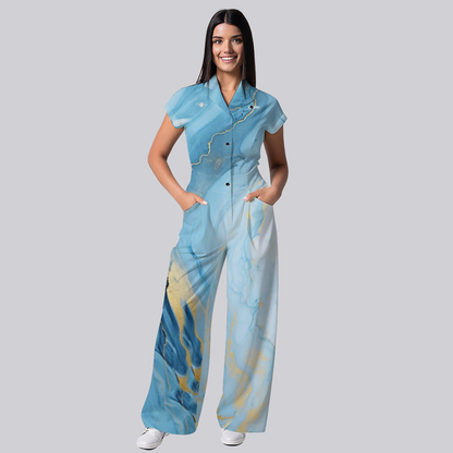 Women's Lapel Wide Leg Blue Marble Print Scrub Jumpsuit JA02