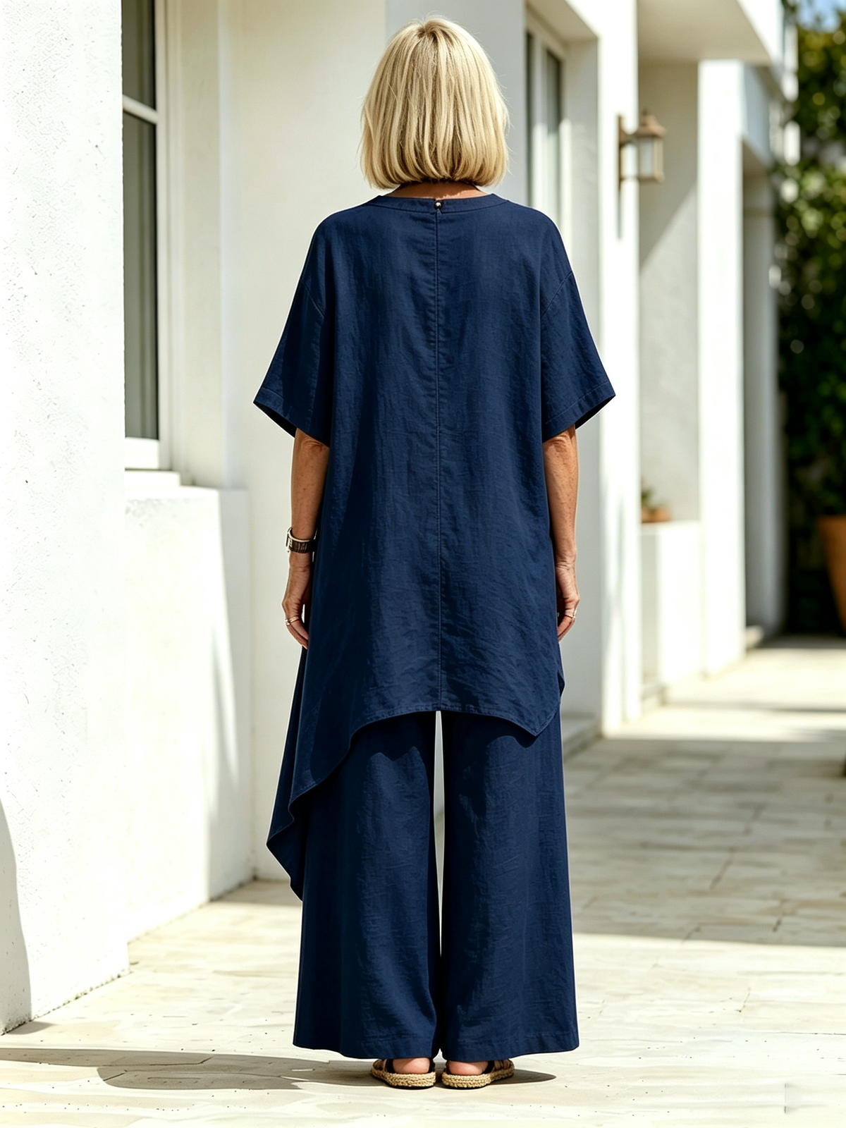 2Pcs Solid Color Cotton Linen Two-piece Outfit, Round Neck Short Sleeve Irregular Hem Tunic Top, Wide Leg Long Pants, Loose Relaxed Fit, Lightweight Breathable Fabric, Flowy Casual Coordinate Set for Daily, Holiday and Outdoor Occasions