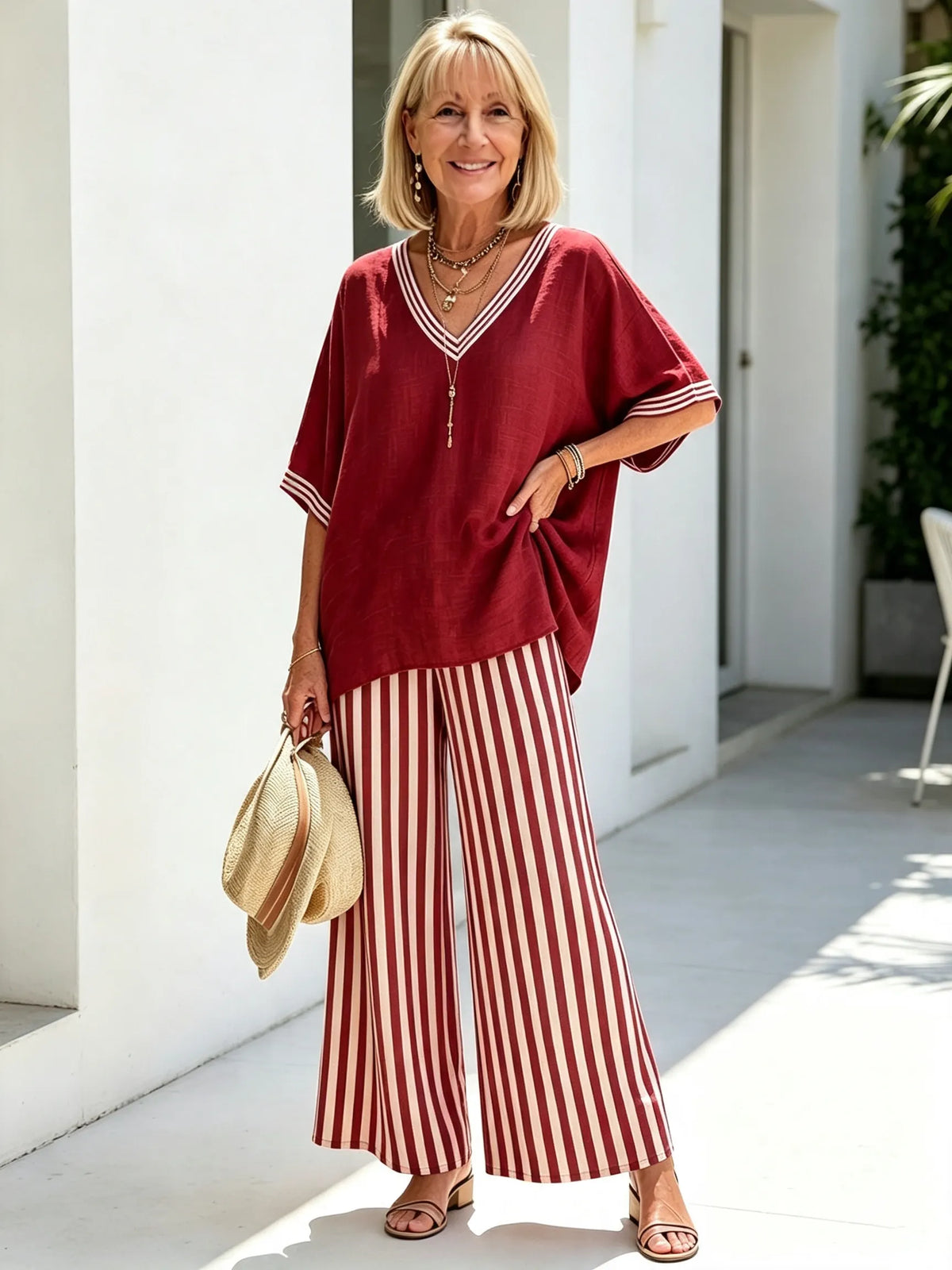 Women Cotton Linen Vacation Two-Piece Outfit Set, Contrast White Striped V-Neck Loose Short Sleeve Top With Striped Cuffs, Matching Green Vertical Striped High Waist Wide Leg Trousers, Lightweight Breathable Textured Fabric Relaxed Fit Casual Holiday Comm