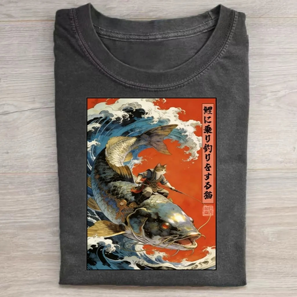 Wave Koi Riding Cat T-shirt