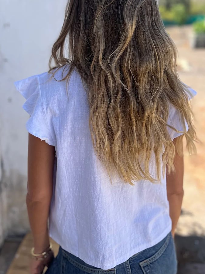 Women'S Petal Sleeve Comfortable Cotton And Linen Top