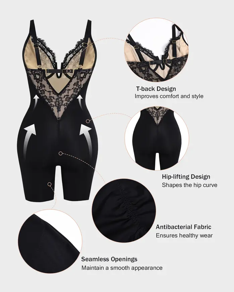 T-Back Open Back Bodysuit With Lace V-Neck Detail