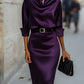 Elegant Satin Draped-Collar Midi Dress With Black Belt
