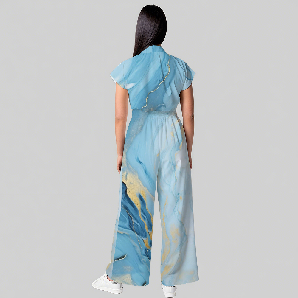 Women's Lapel Wide Leg Blue Marble Print Scrub Jumpsuit JA02