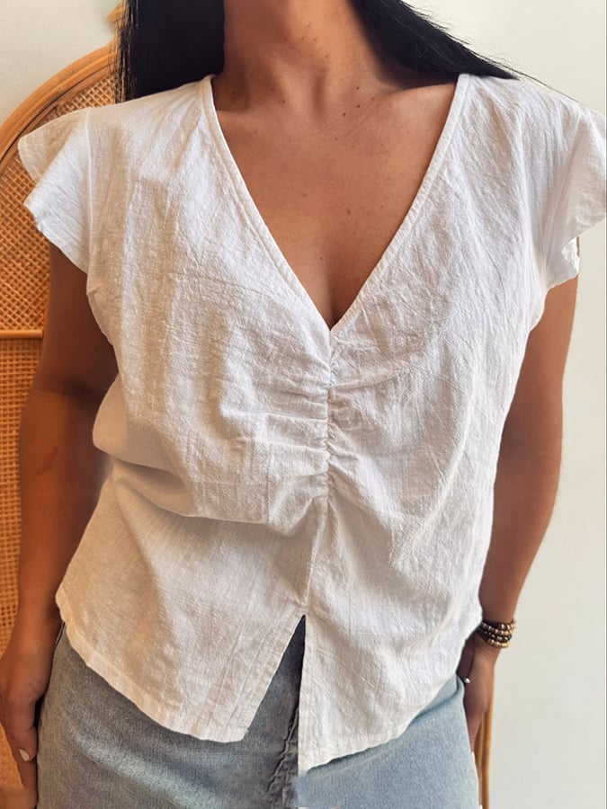 Women'S Petal Sleeve Comfortable Cotton And Linen Top