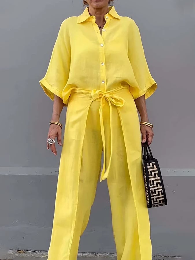 Women'S Casual Single-Breasted Shirt + Characteristic Strappy Wide-Leg Pants Suit