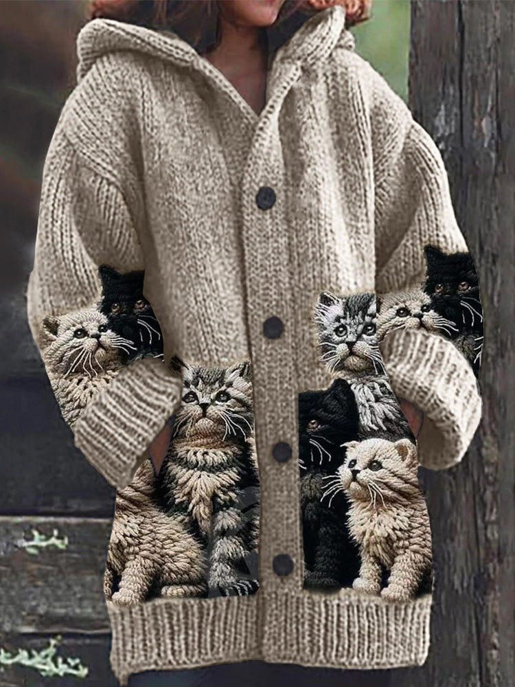 Fuzzy Cats Crochet Art Cozy Knit Hooded Cardigan