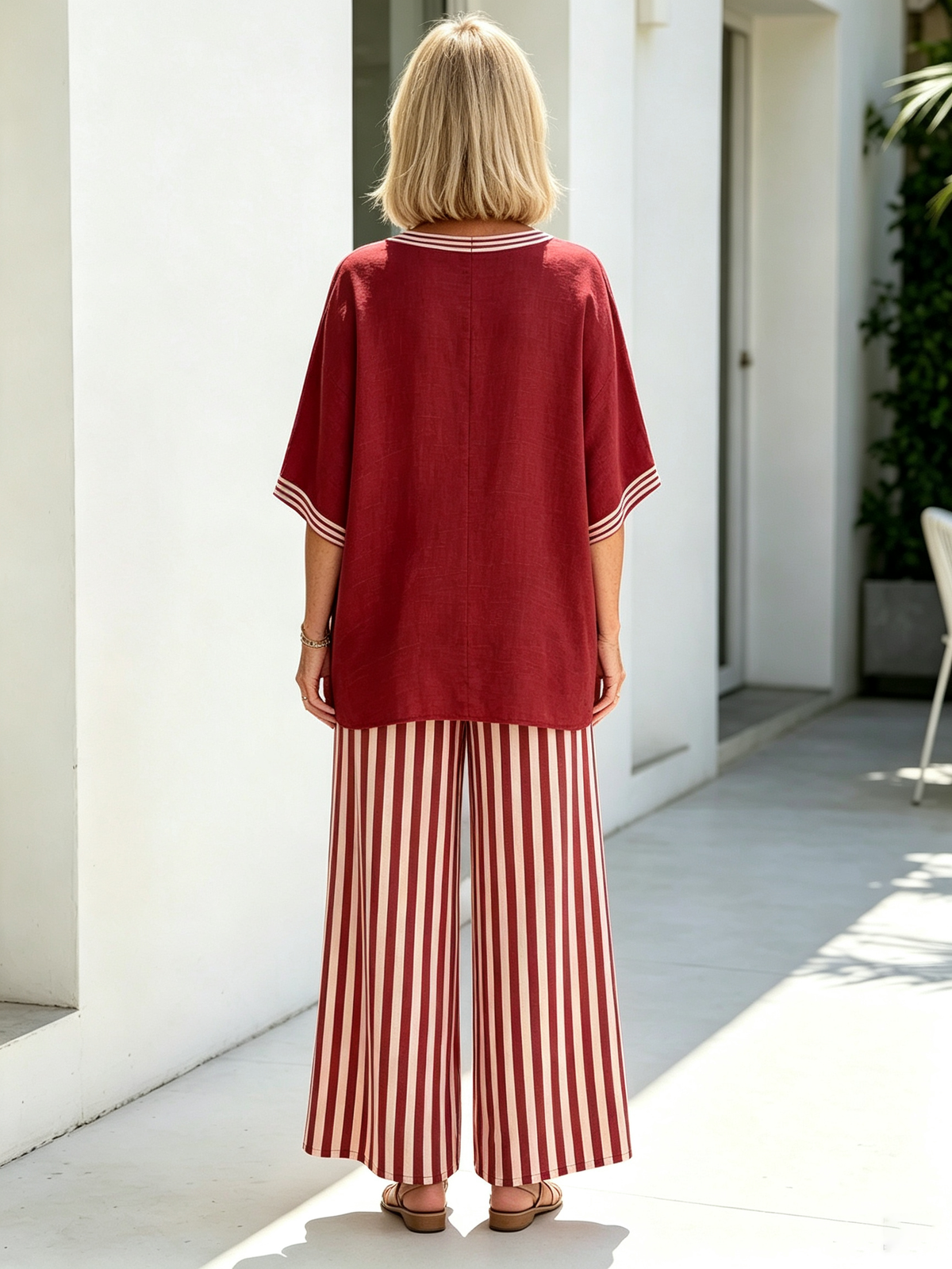 Women Cotton Linen Vacation Two-Piece Outfit Set, Contrast White Striped V-Neck Loose Short Sleeve Top With Striped Cuffs, Matching Green Vertical Striped High Waist Wide Leg Trousers, Lightweight Breathable Textured Fabric Relaxed Fit Casual Holiday Comm