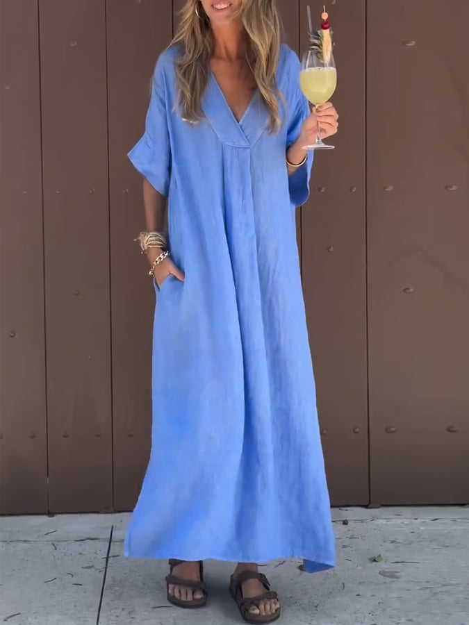 Women'S Casual Solid Color Short-Sleeved V-Neck Cotton And Linen Dress