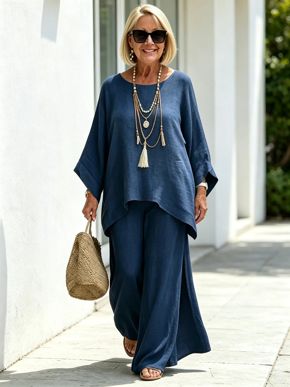 2Pcs Elegant Women Solid Linen‐Blend Two‐Piece Set, Oversized Batwing Sleeve Uneven Hem Tunic Blouse, Breathable Flowy Wide Leg Floor‐Length Pants, Loose Comfortable Casual Co‐ord Suit for Beach Holiday Daily Street Wear
