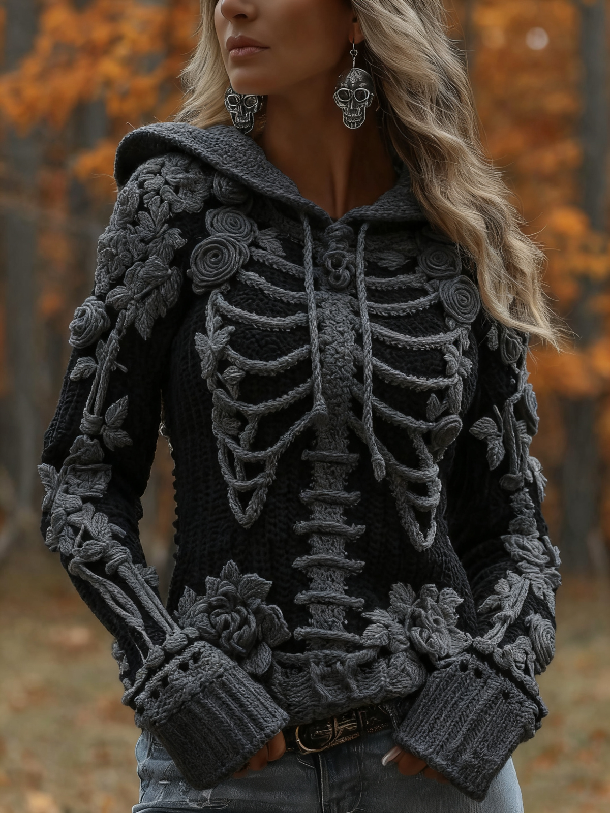 Women's Halloween Skeleton Bones With Roses Art Knitted Warm Hooded Sweater