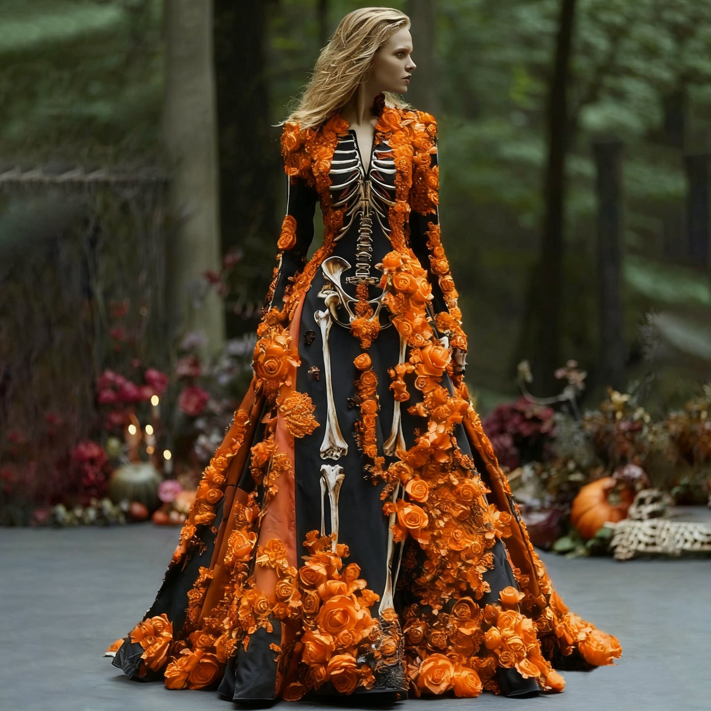 Women's Elegant Retro Skull Flower Pattern V-neck Long Sleeve Maxi Dress