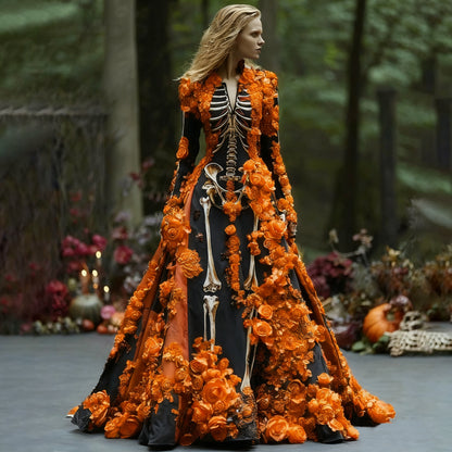 Women's Elegant Retro Skull Flower Pattern V-neck Long Sleeve Maxi Dress