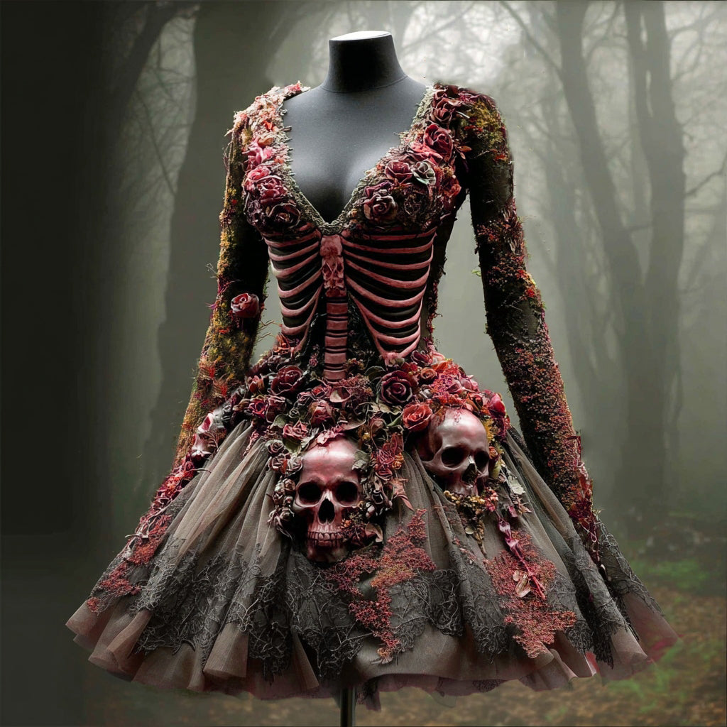 Women's Halloween Skull Flowers Moss Witch Midi Dress