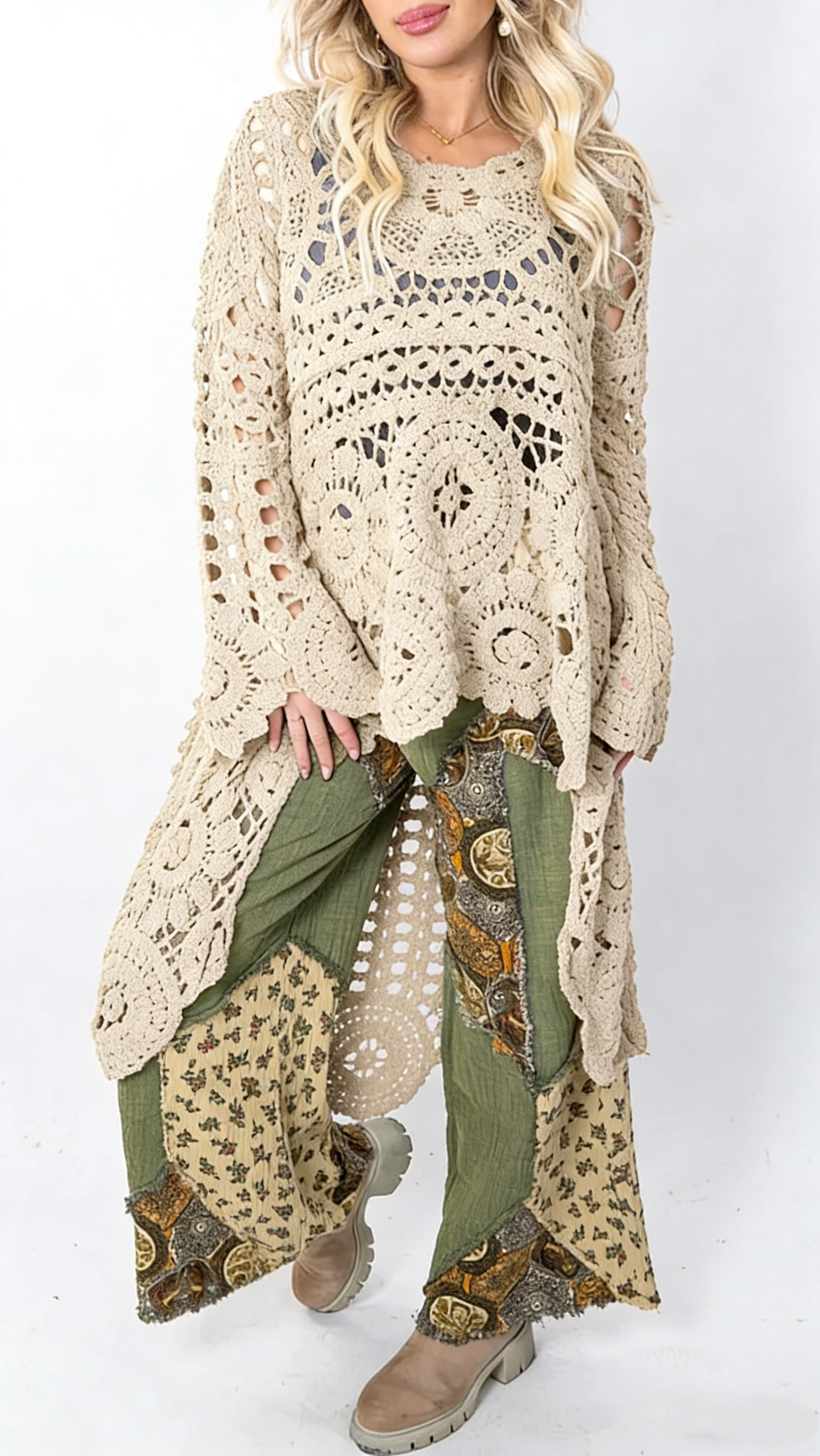 Women Round Neck Hollow Out Casual Long Top