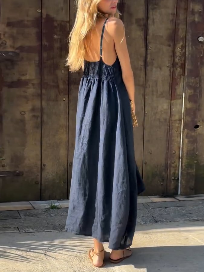 Women'S Casual Irregular Hem Solid Color Cotton And Linen Dress