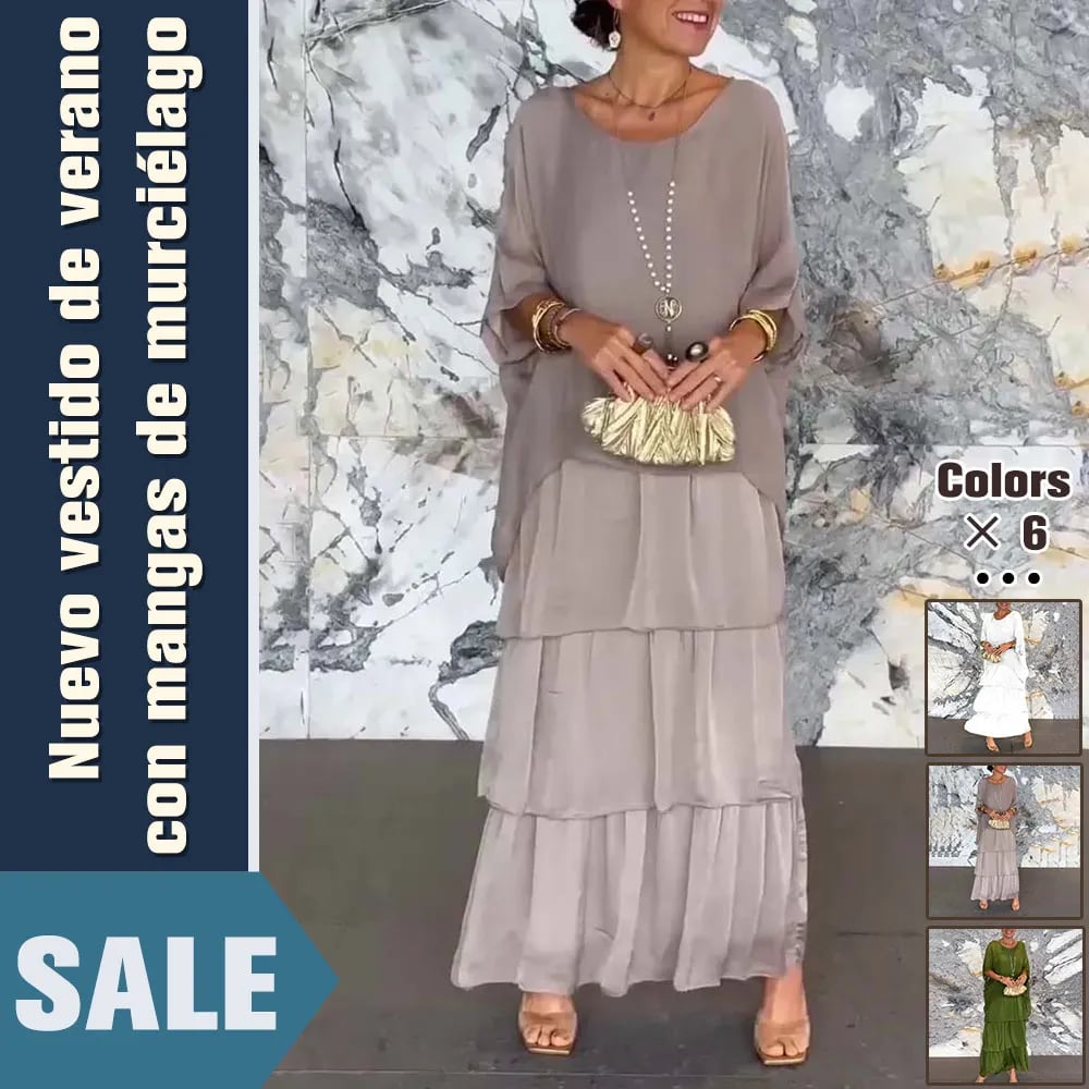 Elegant Loose Dress With Round Neck and Batwing Sleeves